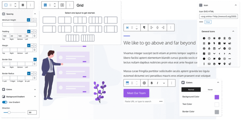Website builder interface with layout and design settings
