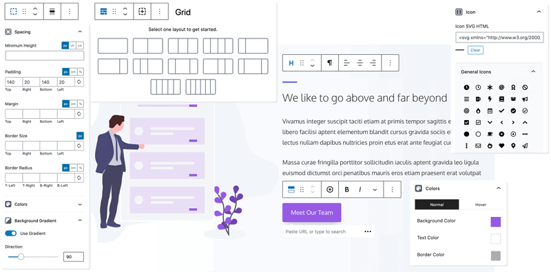 Website builder interface with layout and design settings