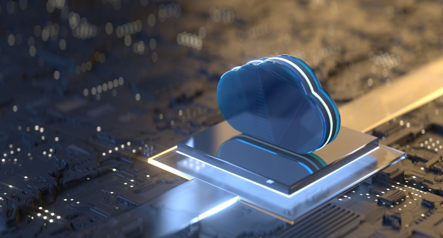 Blue cloud icon on illuminated circuit board