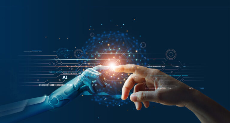 Human and robotic hands touching with glowing light