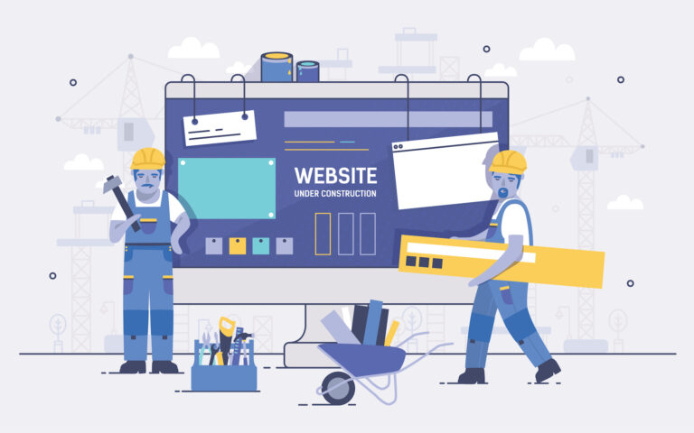 Website under construction with builders and tools