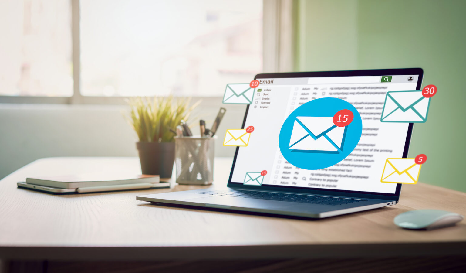 Laptop displaying email inbox with notification icons