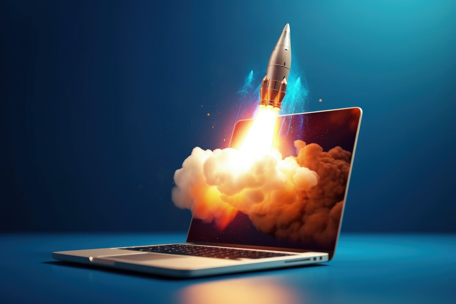 Rocket launching from laptop screen with flames