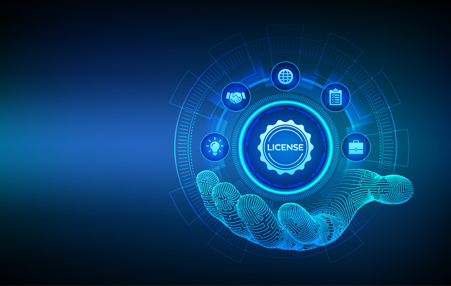 Digital hand holding glowing licence interface