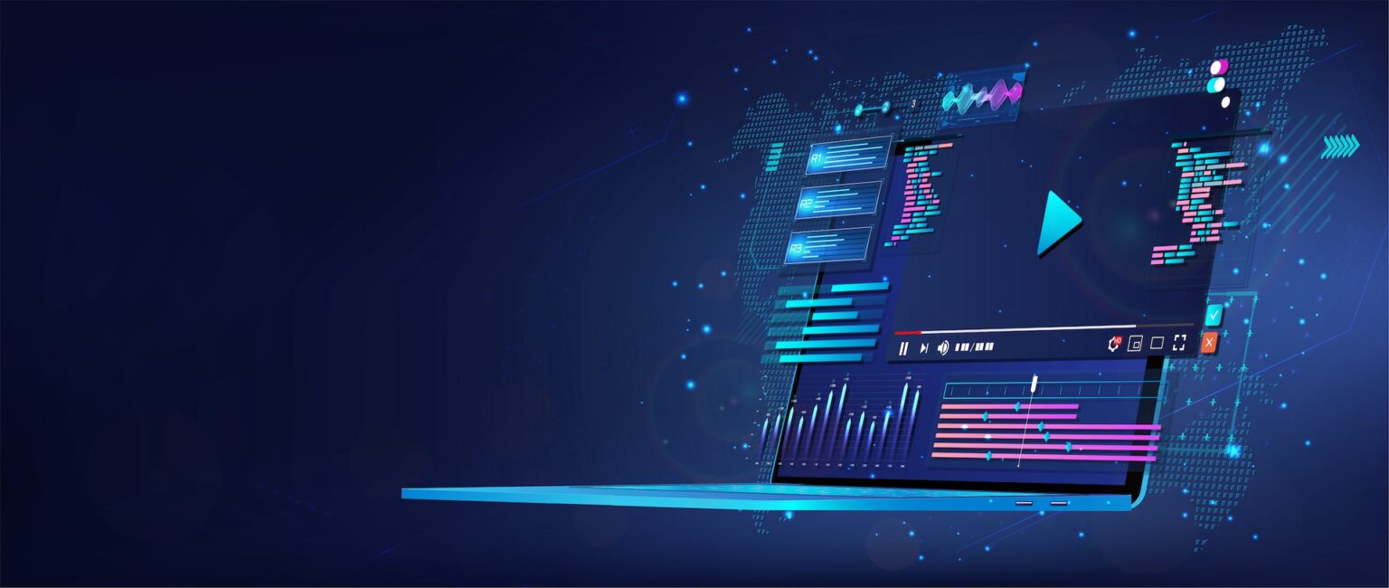 Futuristic laptop displaying data analytics dashboard and charts