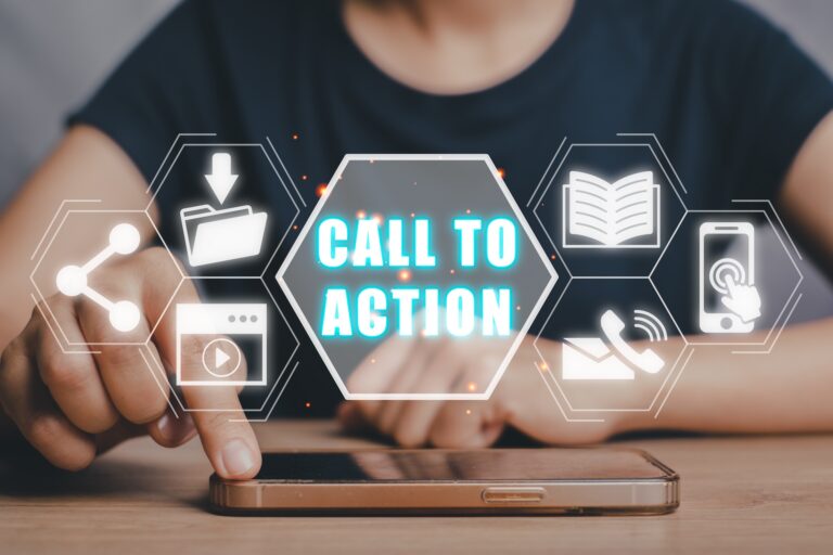 Person tapping smartphone with call to action icons