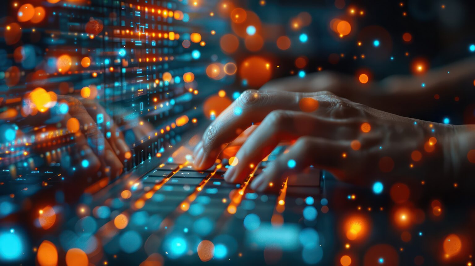 Hands typing on illuminated keyboard with digital lights