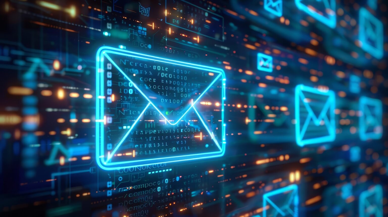 Glowing digital envelope icon over data network background