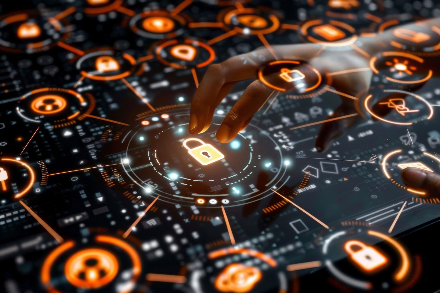 Hand interacting with digital cybersecurity lock interface