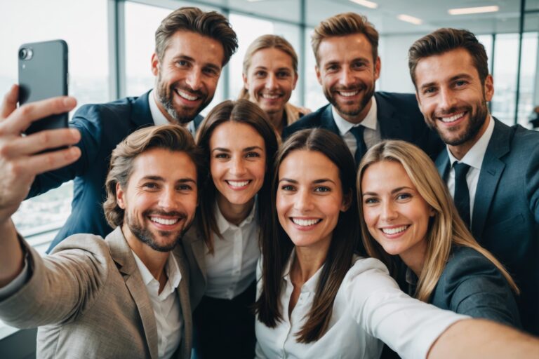 Business team taking selfie in modern office