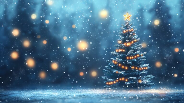 Snowy Christmas tree with glowing lights at night