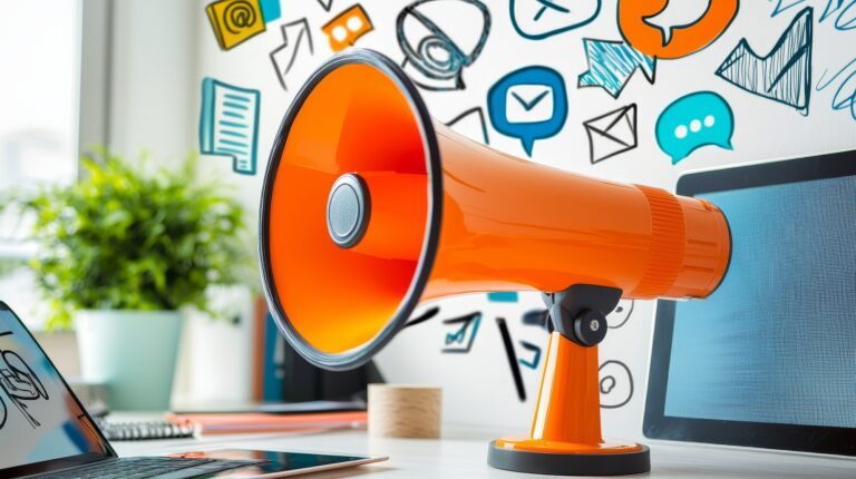 Orange megaphone on desk with social media icons