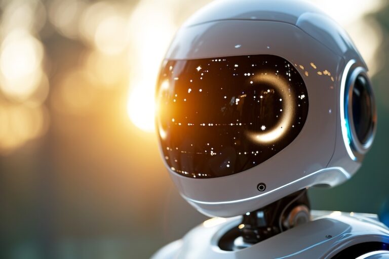 Futuristic robot with glossy visor at sunset