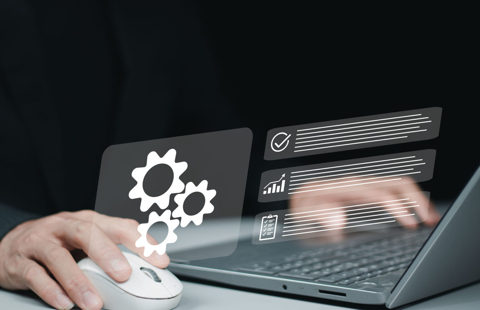 Person using laptop with digital workflow icons overlay