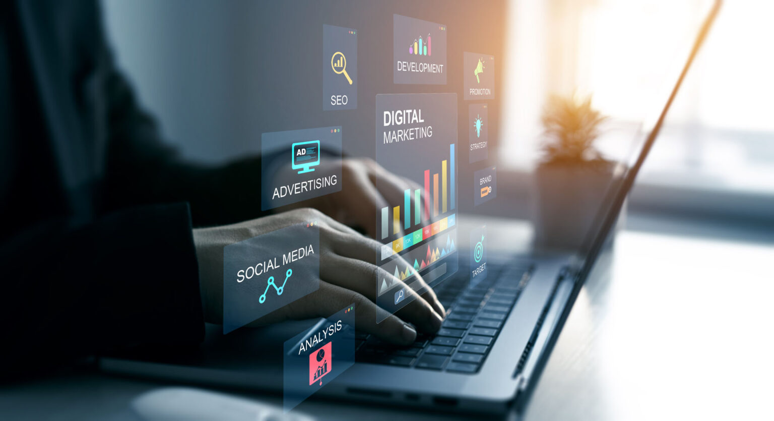 Digital marketing dashboard over laptop keyboard