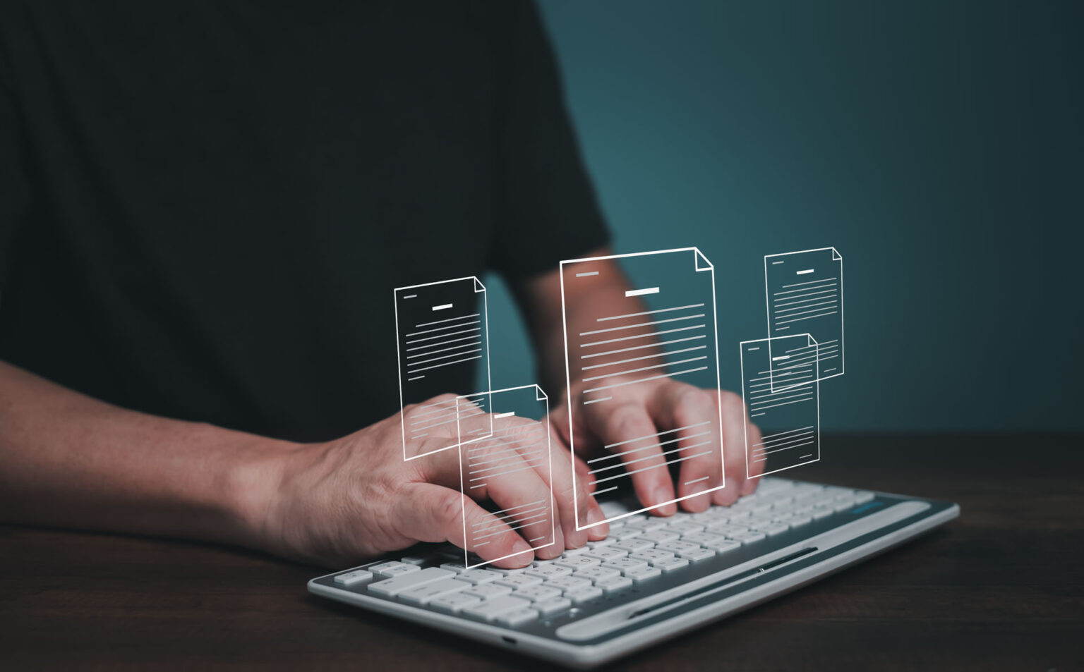 Hands typing with digital document overlays