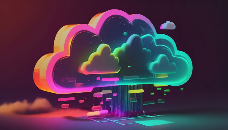 Neon cloud with glowing digital data streams