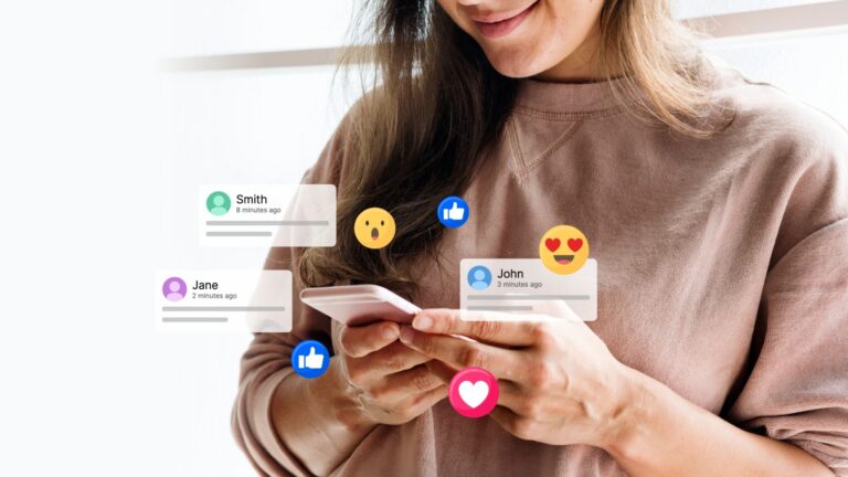 Woman using smartphone with social media notifications