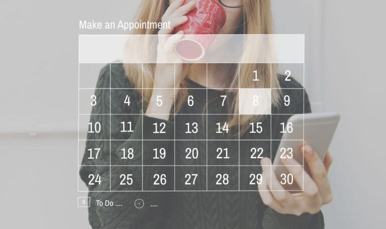 Woman with tablet and calendar appointment overlay