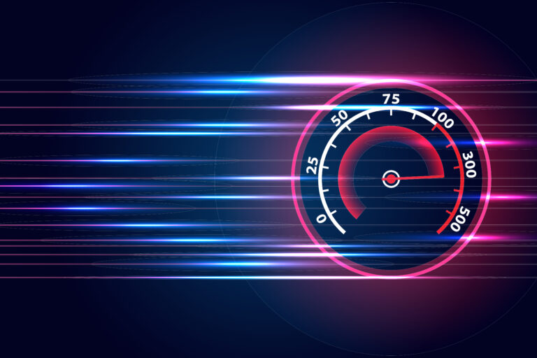 Futuristic speedometer with neon light trails