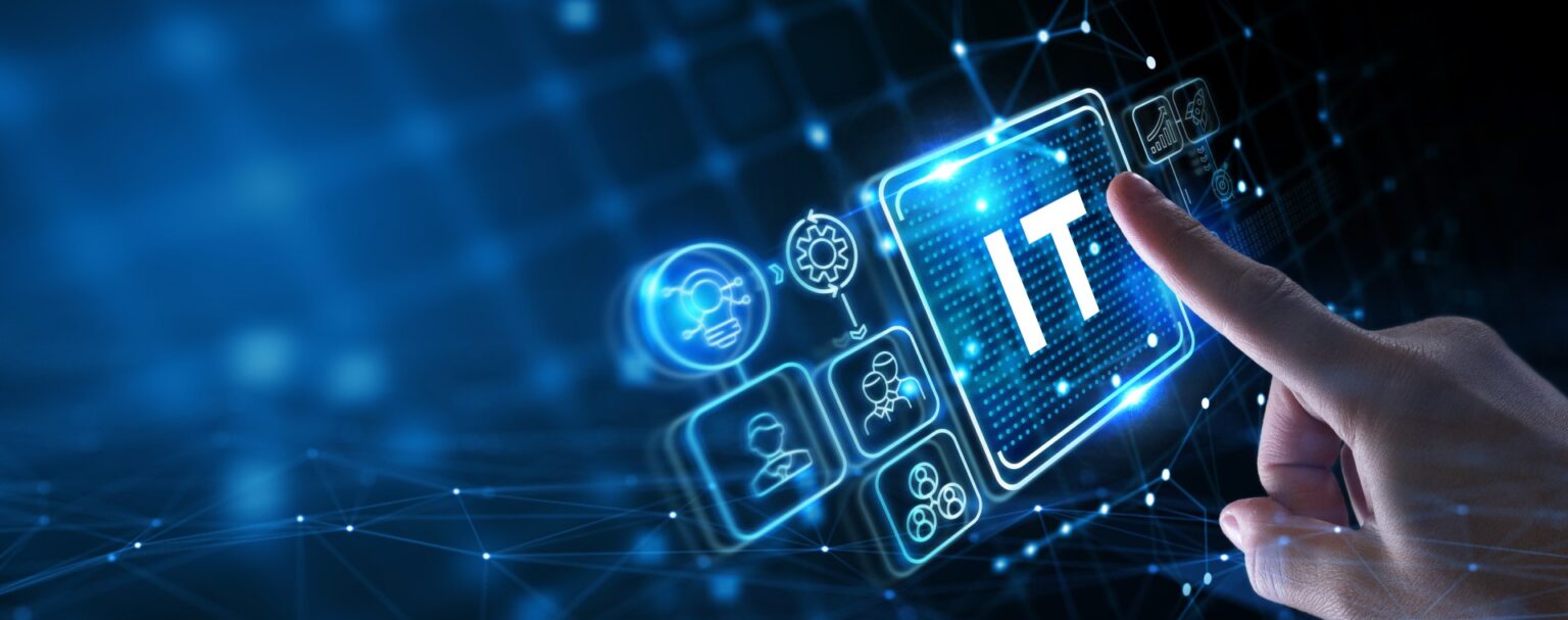 Hand touching virtual IT interface on digital screen