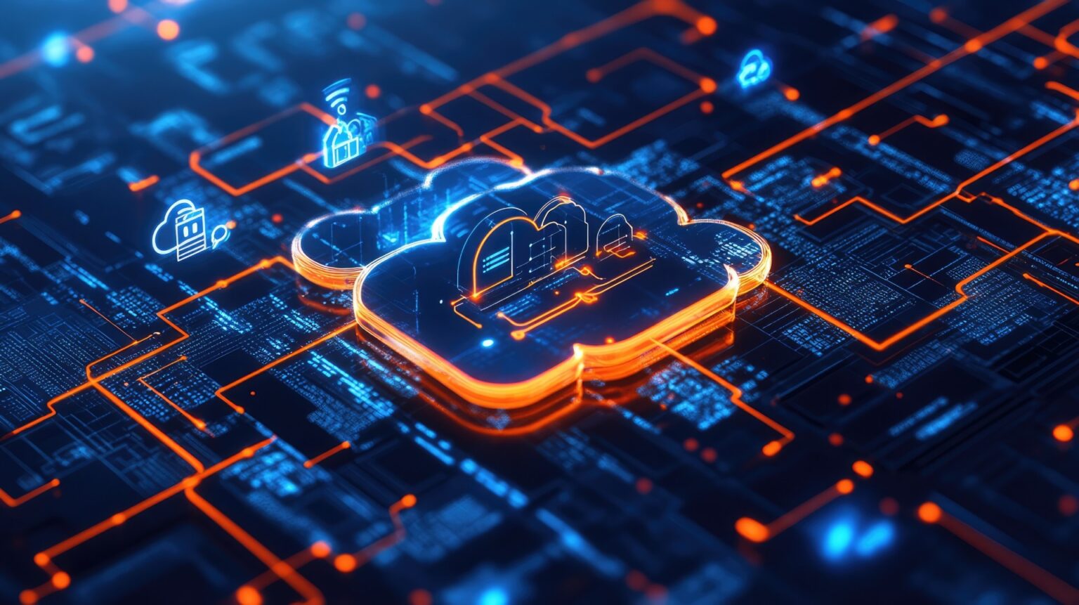 Glowing cloud computing concept on digital circuit board