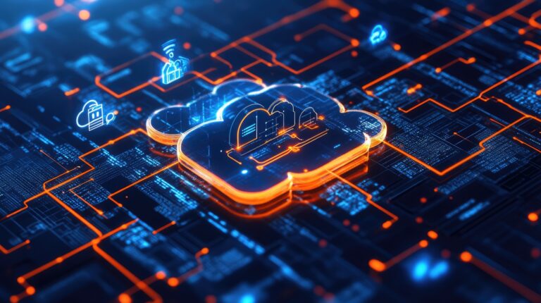Glowing cloud computing concept on digital circuit board