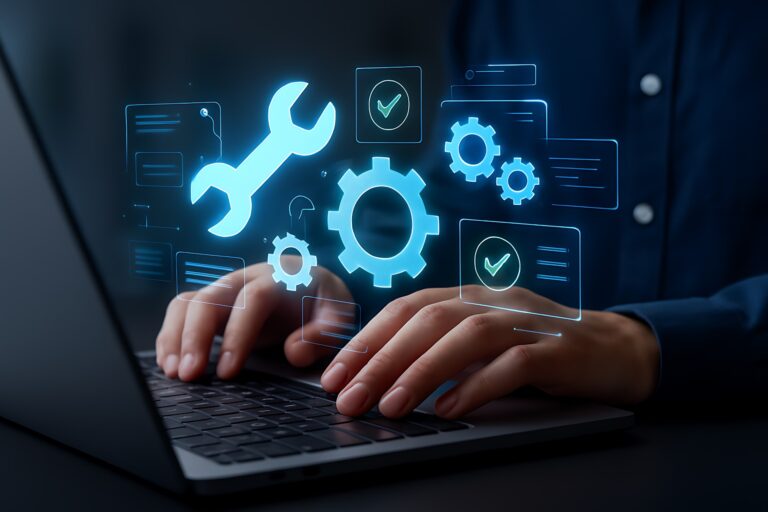Hands typing with digital maintenance icons overlay