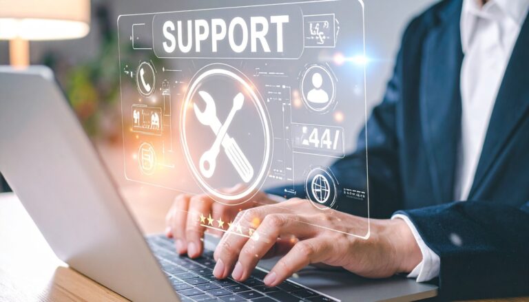 Businessperson using laptop with virtual support interface