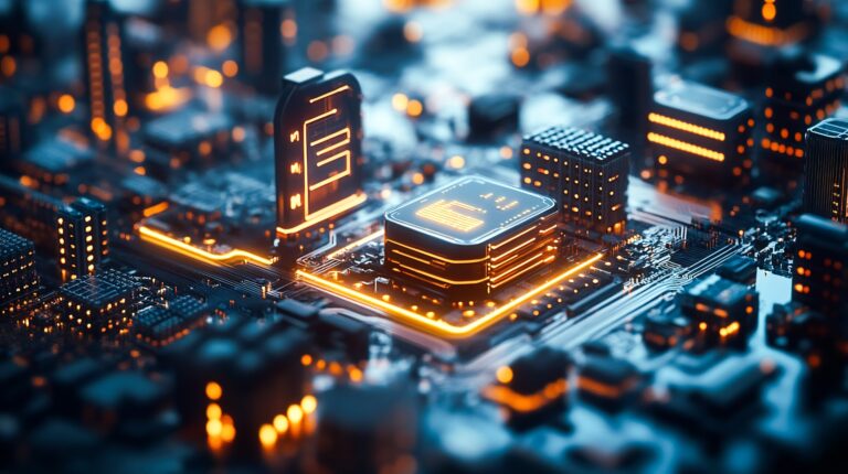 Glowing microchip on futuristic circuit board