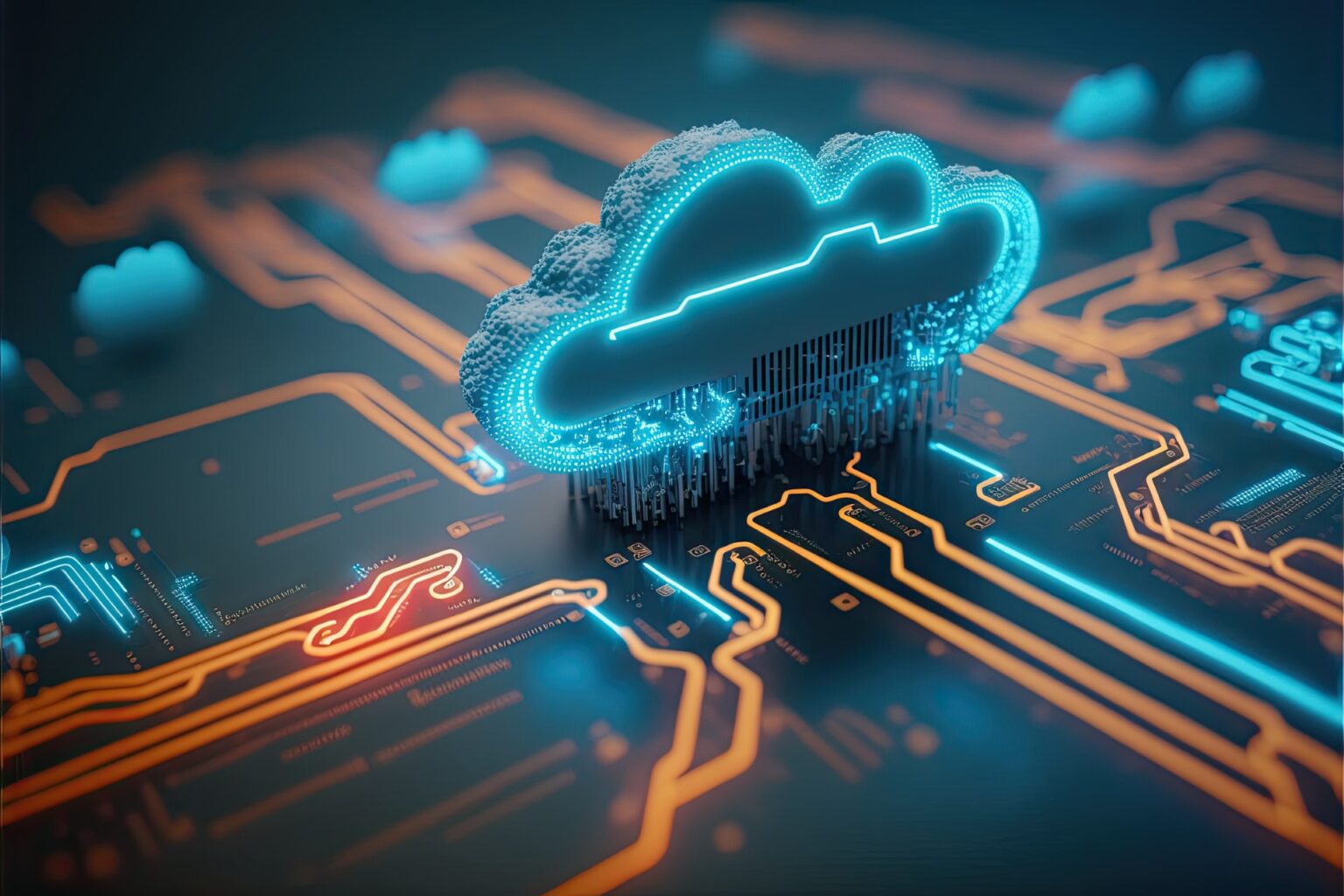 Glowing cloud icon on circuit board