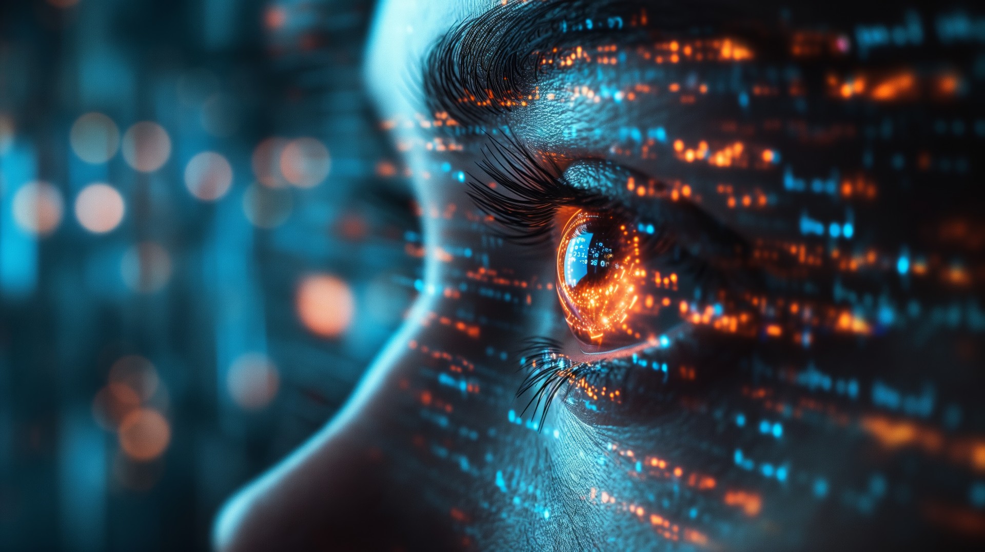 Digital eye with glowing orange circuit patterns