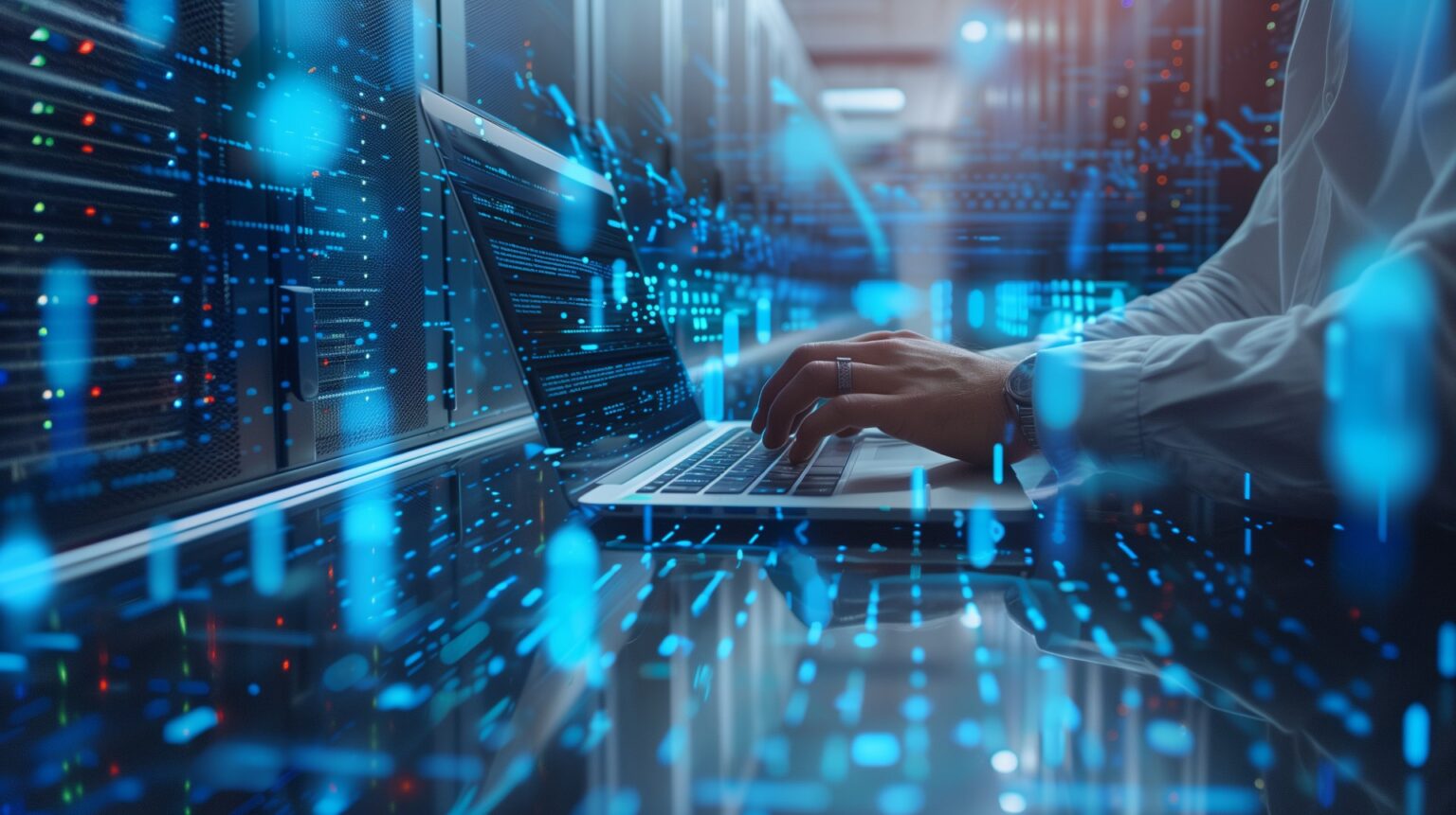 Person typing on laptop in data centre