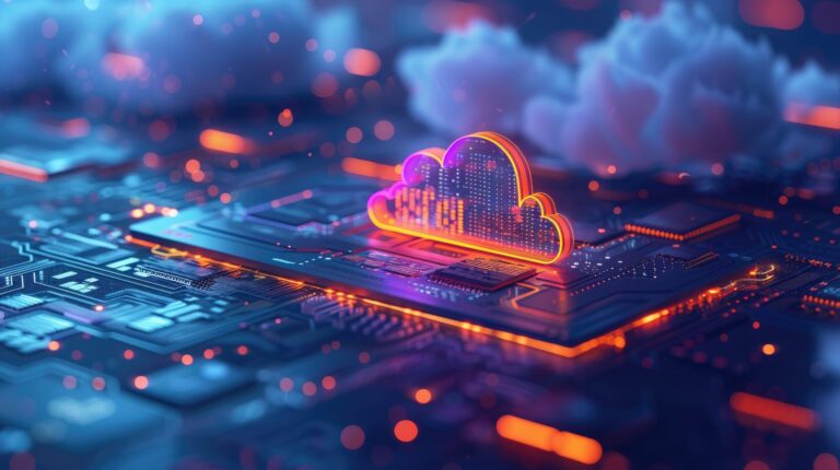 Glowing cloud icon on futuristic circuit board
