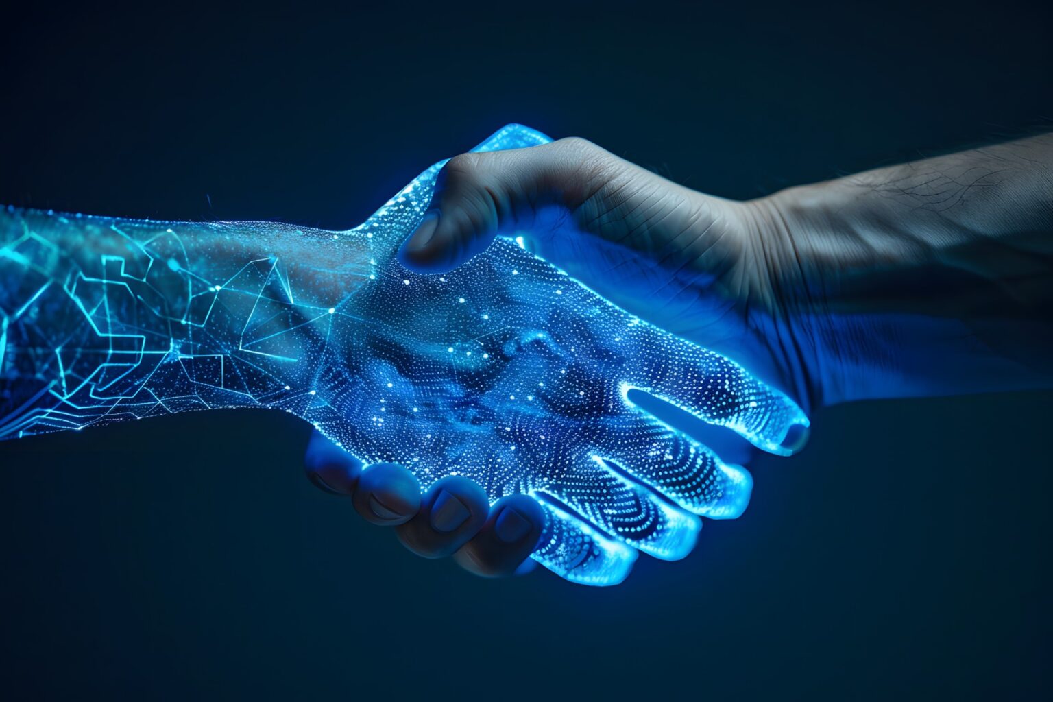 Human hand shaking glowing digital AI hand