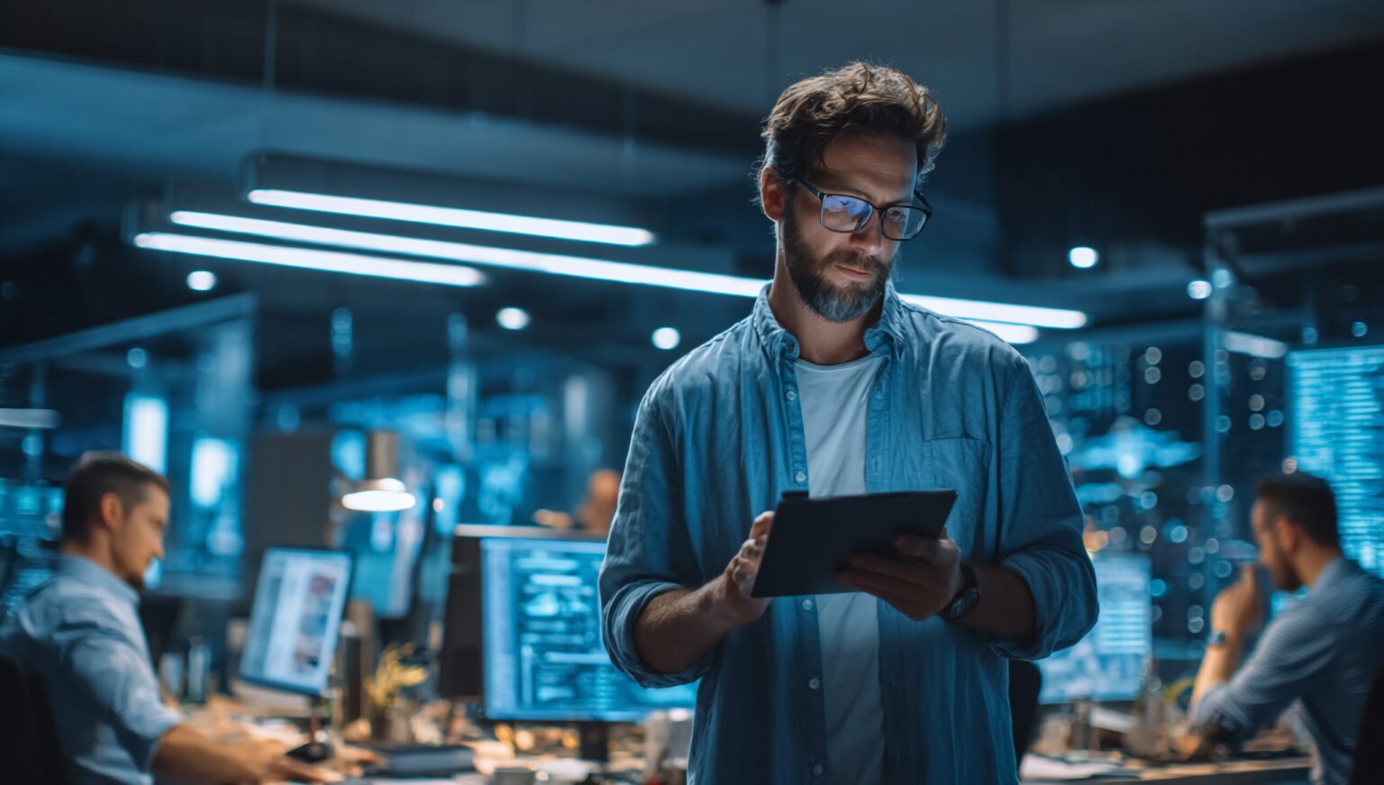 Man using tablet in modern tech office